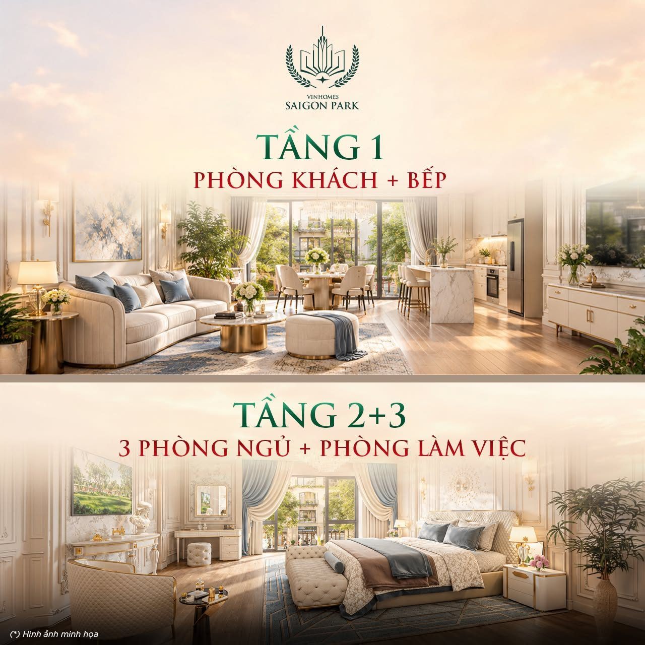Tầng 1 phòng khách liền bếp; tầng 2–3 phòng ngủ và phòng làm việc
